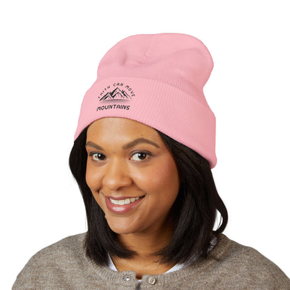 Embroidered Mountain Beanie — "Faith Can Move Mountains" Cuffed Knit Hat