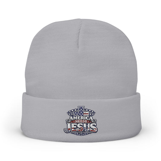 Embroidered "America Loves Jesus" Knit Beanie — Patriotic Christian Winter Hat