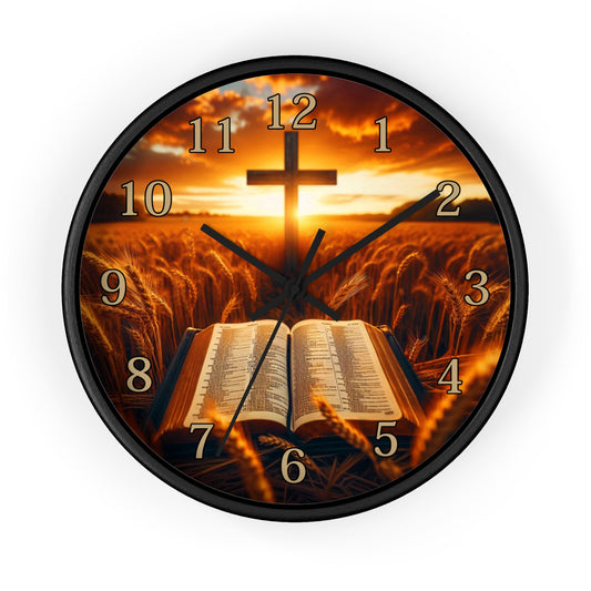 Christian Wall Clock — Cross & Open Bible Sunset Decorative Clock