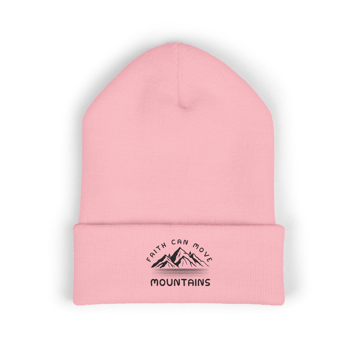 Embroidered Mountain Beanie — "Faith Can Move Mountains" Cuffed Knit Hat