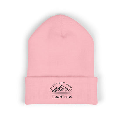 Embroidered Mountain Beanie — "Faith Can Move Mountains" Cuffed Knit Hat