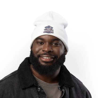 Embroidered "America Loves Jesus" Knit Beanie — Patriotic Christian Winter Hat