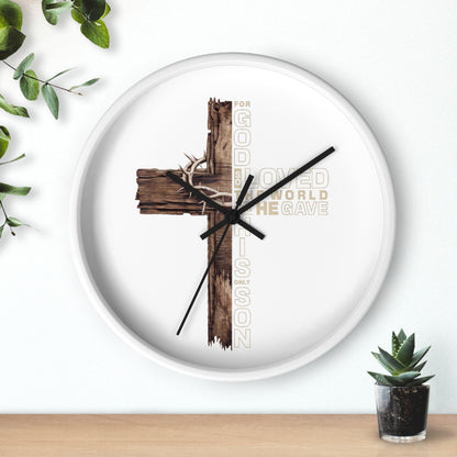 Wooden Cross Wall Clock — "For God So Loved the World He Gave His Son" Christian Home Decor