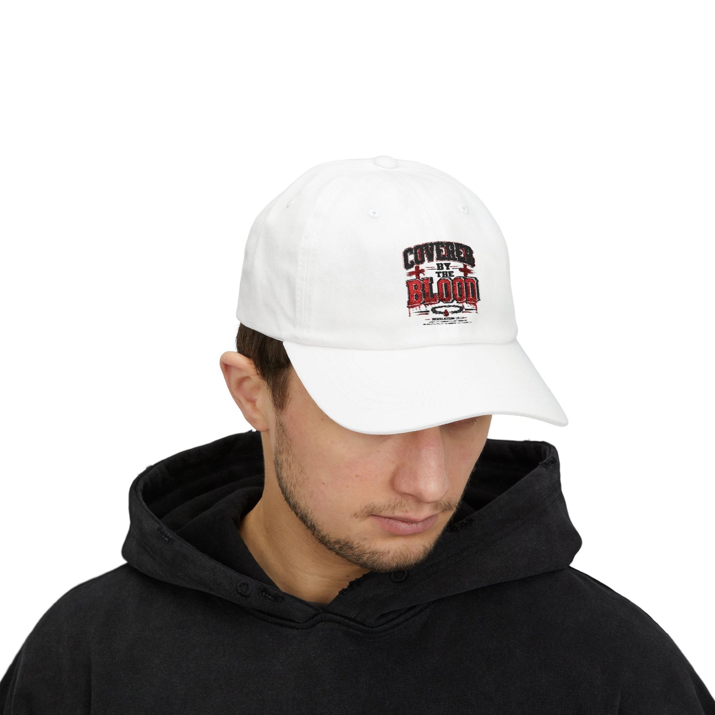 Dad Cap — "Covered by the Blood" Embroidered Christian Baseball Hat
