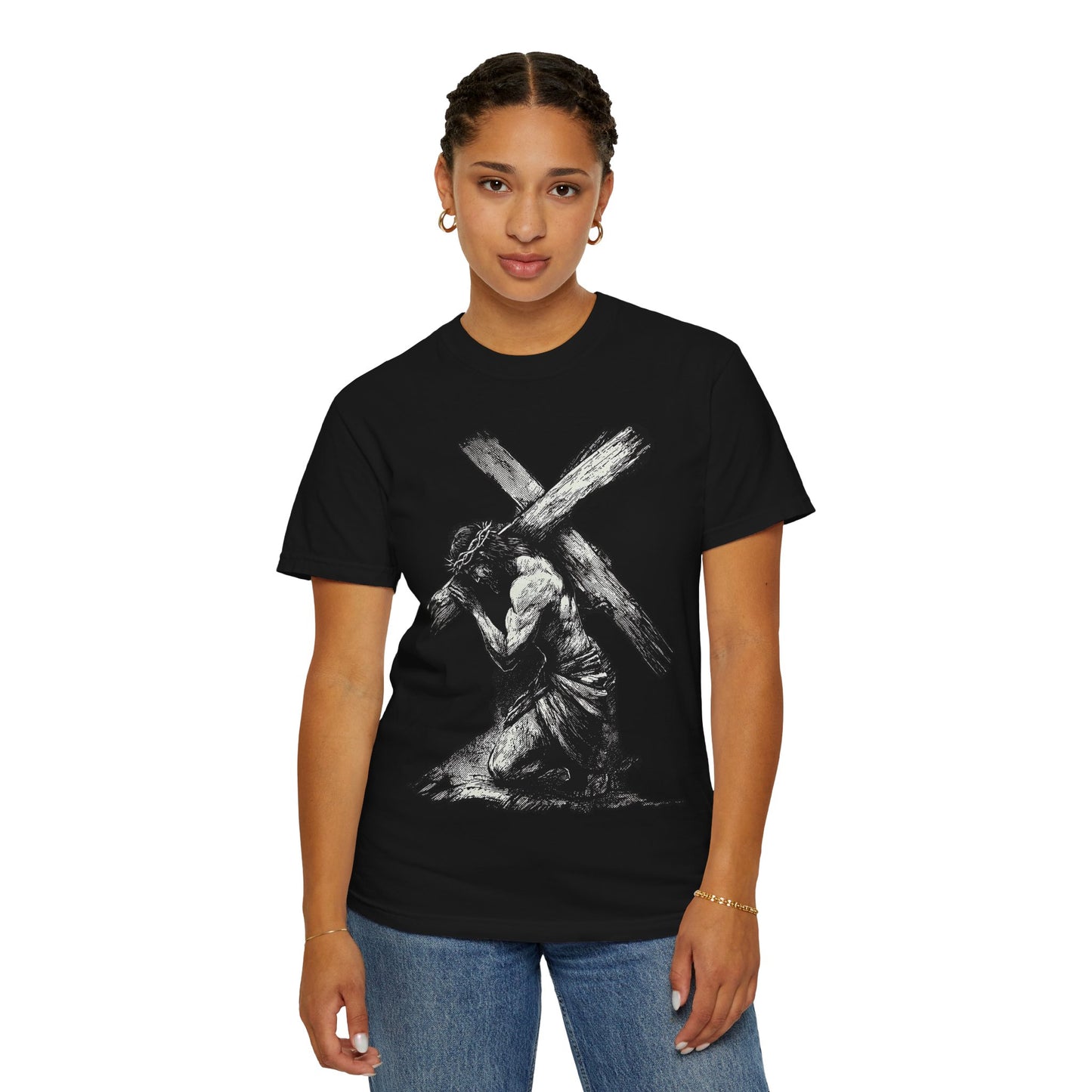 T‑Shirt — Christ Carrying Cross Black Illustration Graphic Tee