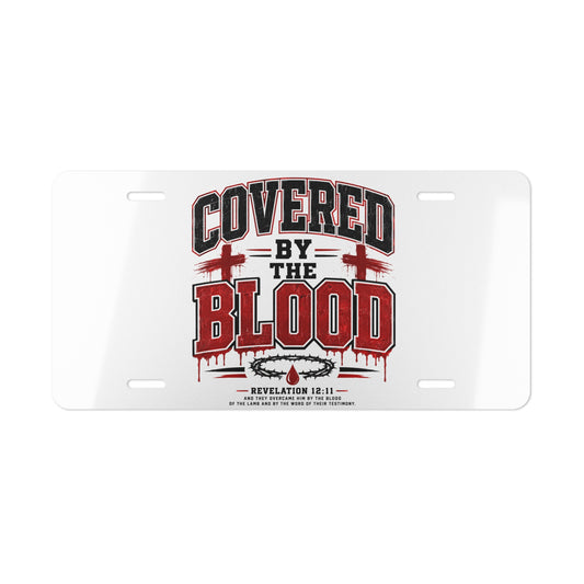 Covered by the Blood Vanity Plate — Christian License Plate with Revelation 12:11 Design