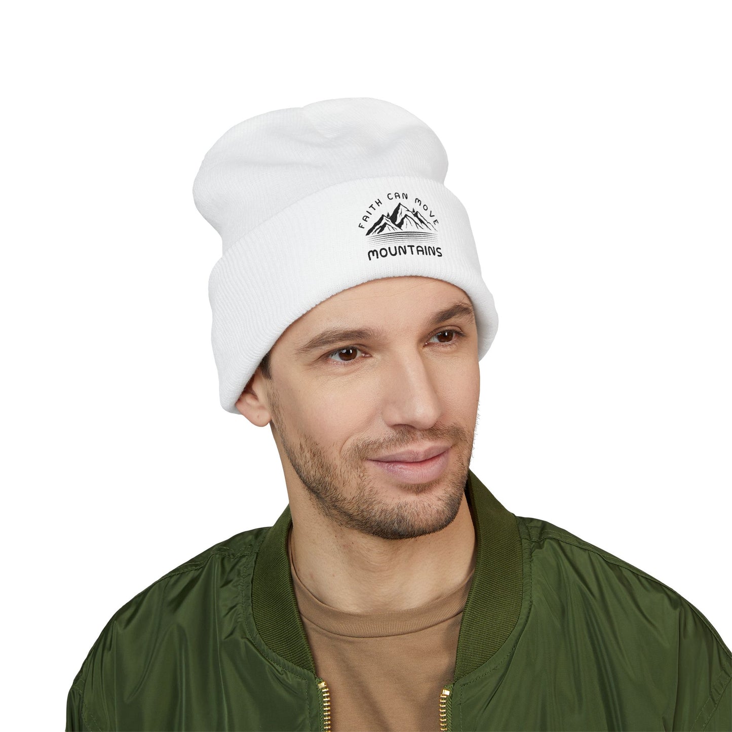 Embroidered Mountain Beanie — "Faith Can Move Mountains" Cuffed Knit Hat