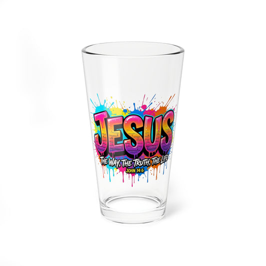 Mixing Glass - Colorful 'JESUS' Graffiti Pint Glass (16oz)