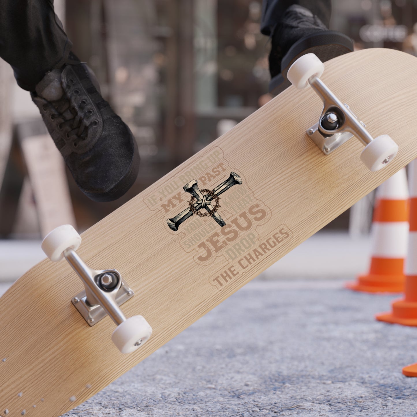 Christian Cross Sticker — “If You Bring Up My Past You Should Know That Jesus Drop The Charges” Die‑Cut Outdoor Sticker