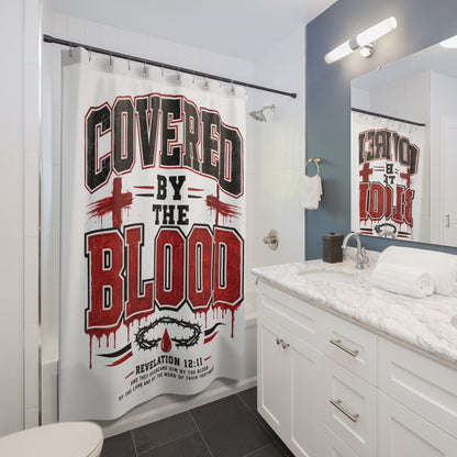 Shower Curtain - "Covered by the Blood" Christian Bathroom Decor (Revelation 12:11)