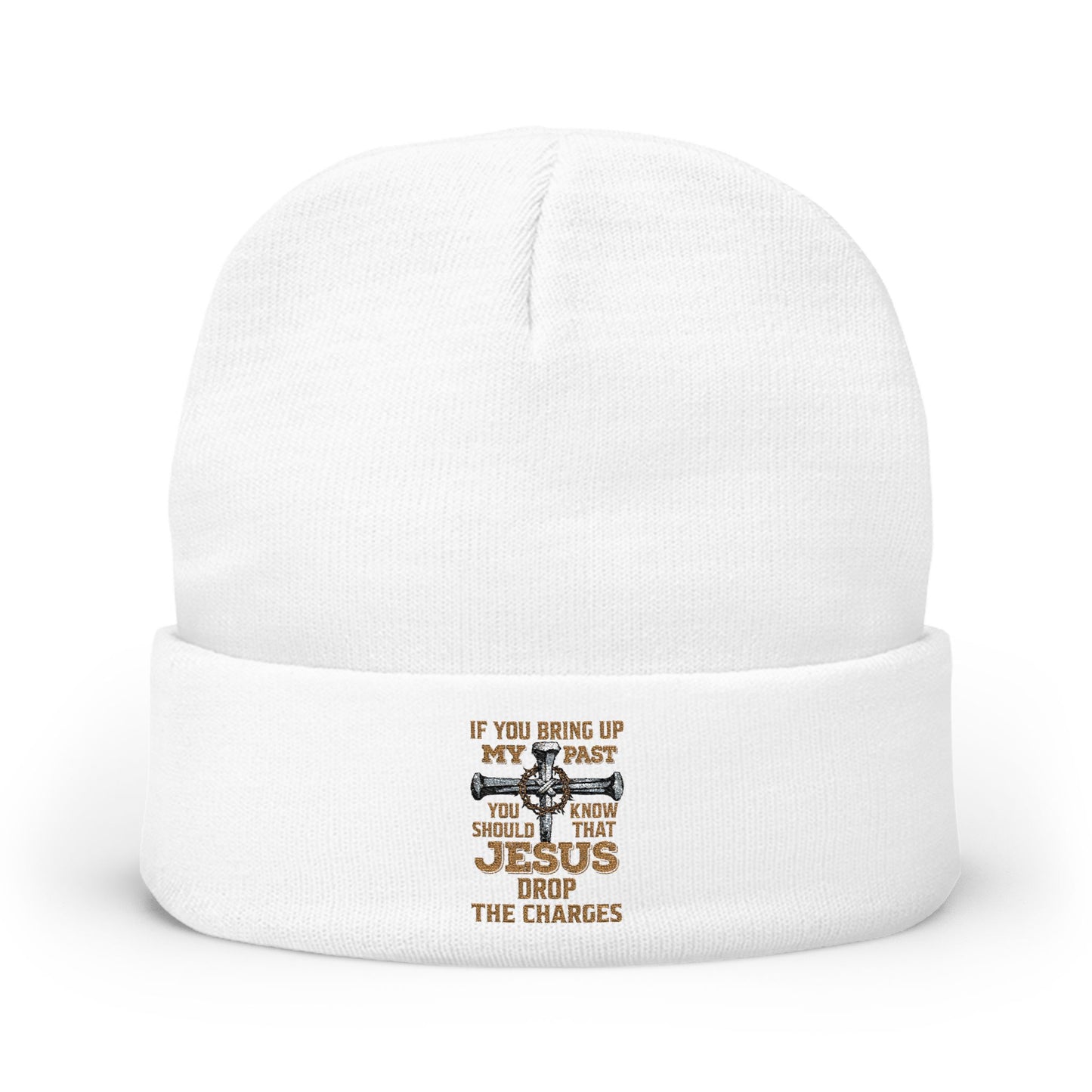 Embroidered Christian Cross Beanie — "Jesus Drop The Charges" Knit Hat