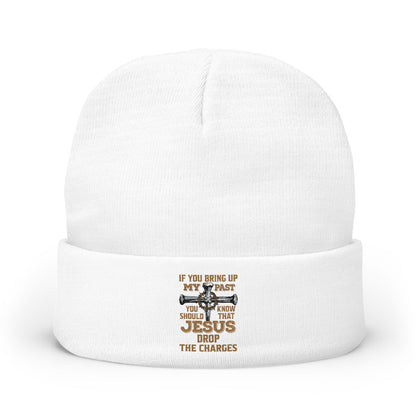 Embroidered Christian Cross Beanie — "Jesus Drop The Charges" Knit Hat
