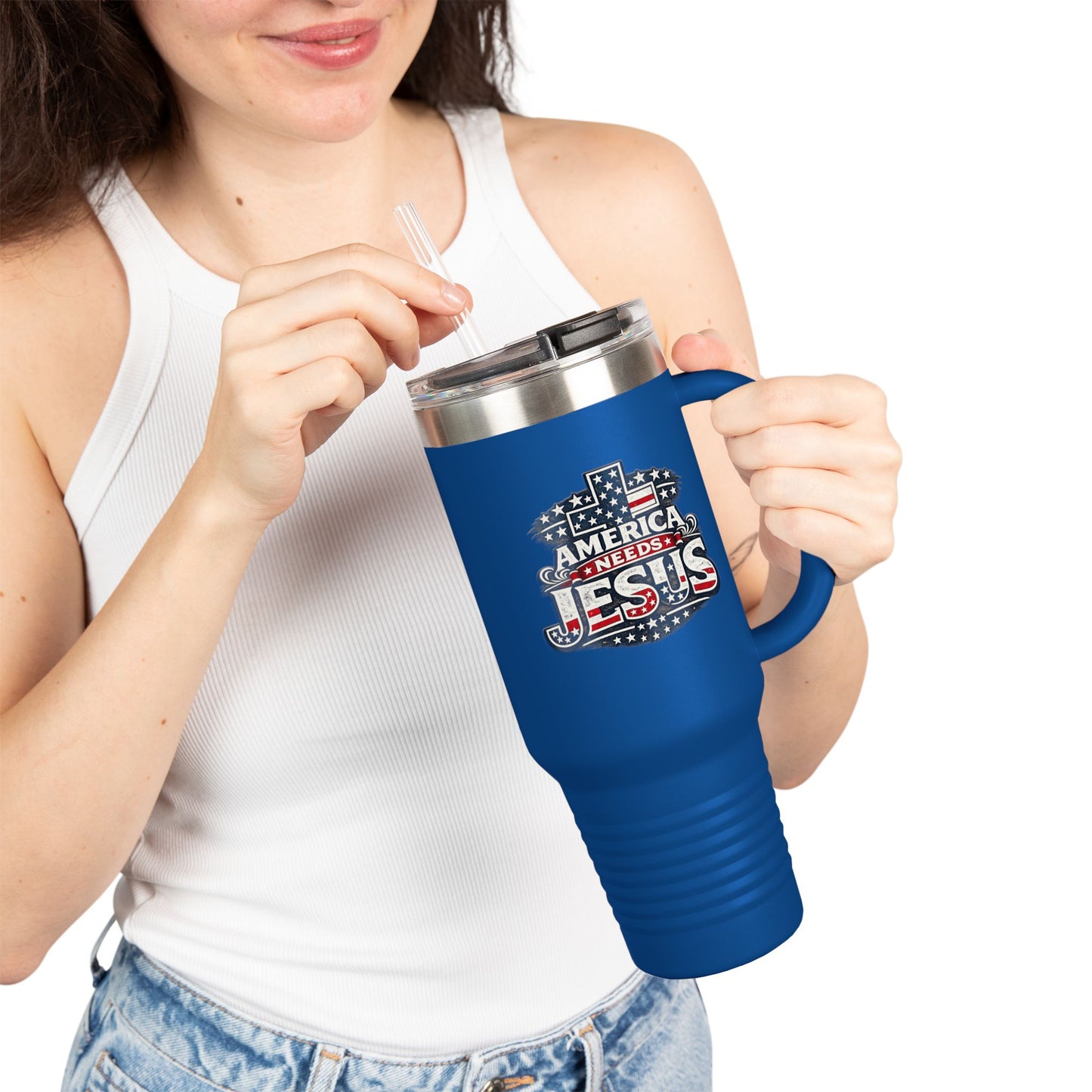40oz Insulated Travel Mug — "America Needs Jesus" Patriotic Stainless Tumbler