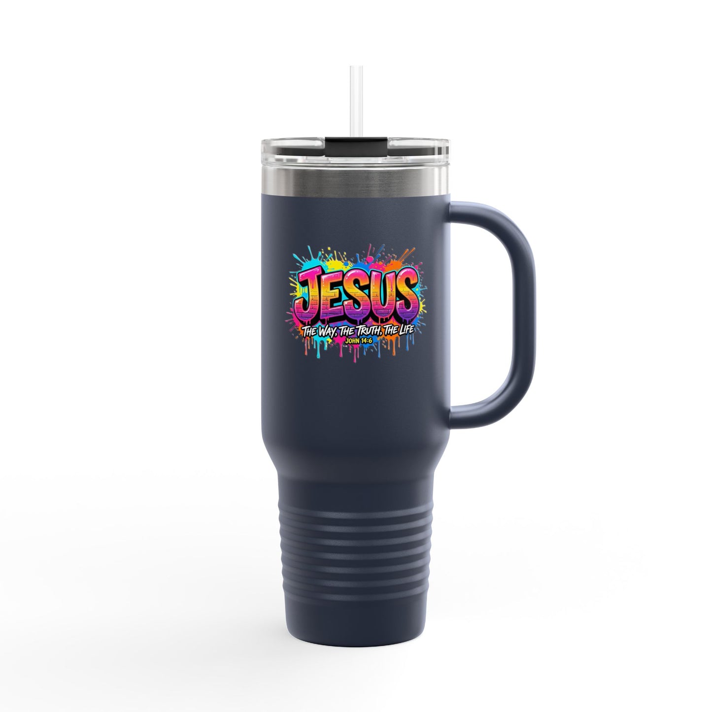 40oz Insulated Travel Mug — Colorful 'JESUS' Graffiti Design, Spill‑Resistant Tumbler for Christian Gifts
