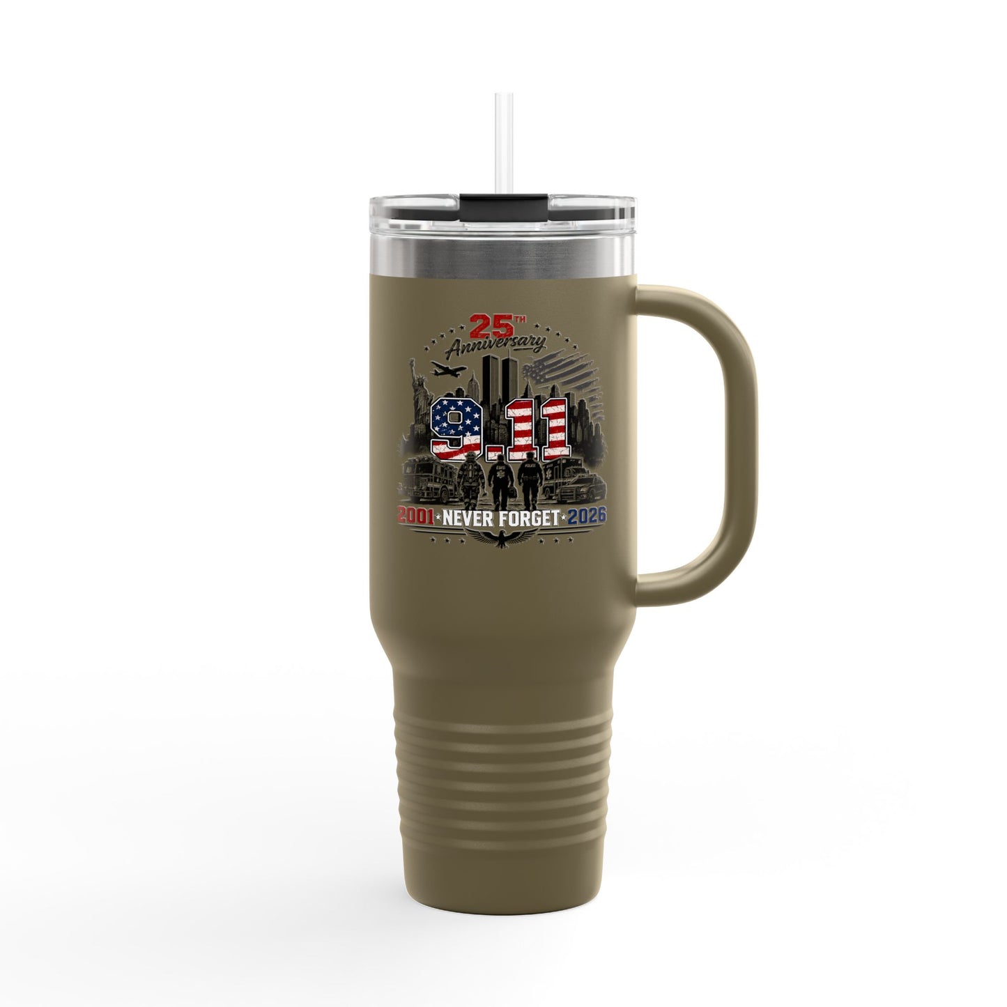 25th Anniversary 40oz Insulated Travel Mug — American Flag Memorial Design
