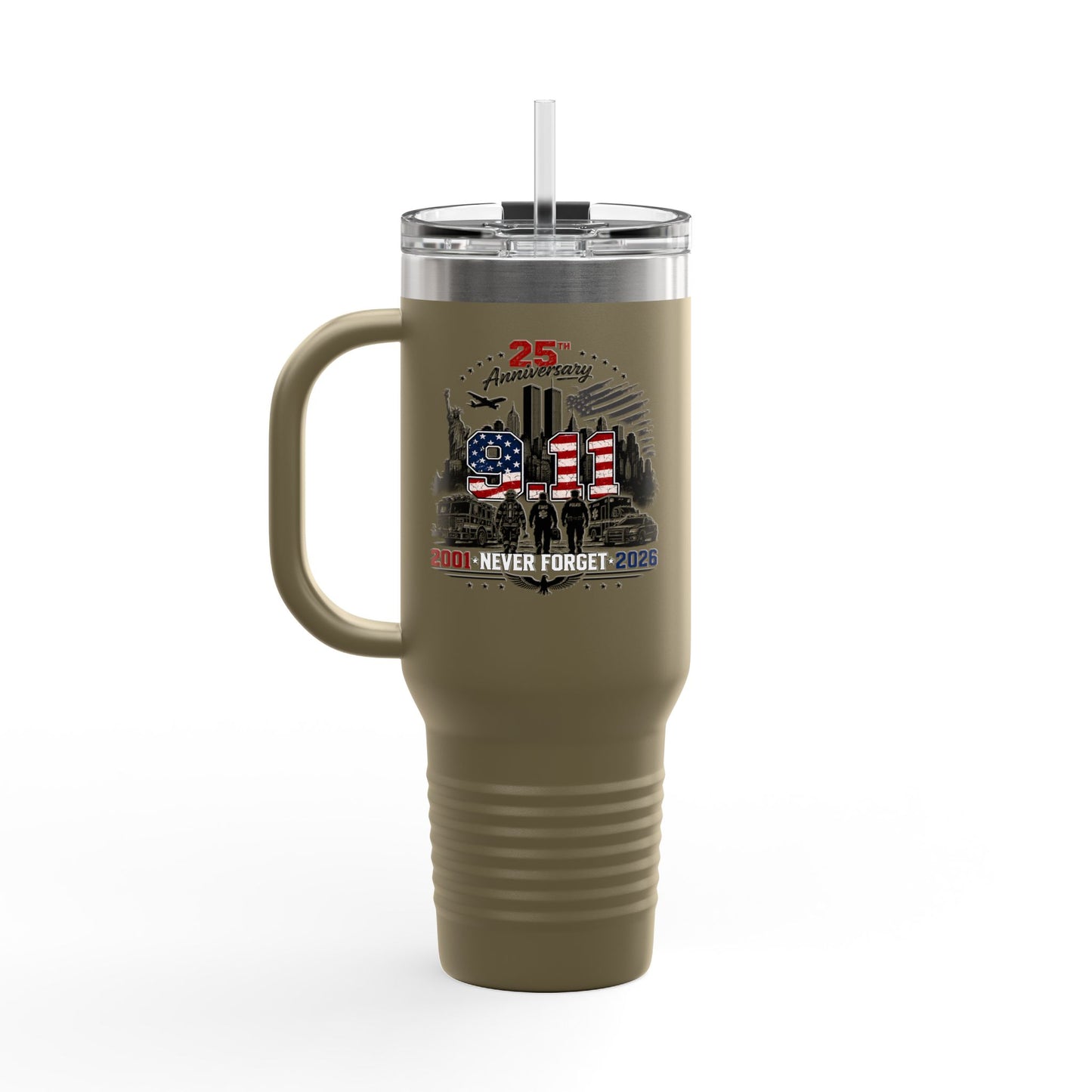 25th Anniversary 40oz Insulated Travel Mug — American Flag Memorial Design