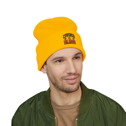 Embroidered 'Covered by the Blood' Cuffed Beanie — Christian Faith Knit Hat