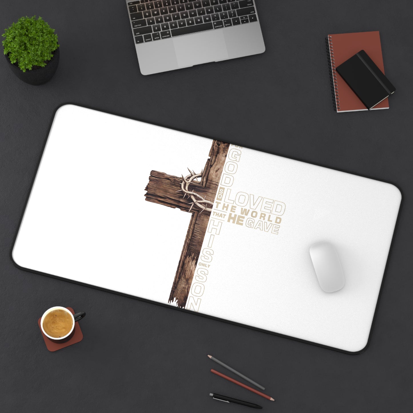 Christian Cross Desk Mat – "God Loved the World He Gave His Son" Inspirational Office Mat