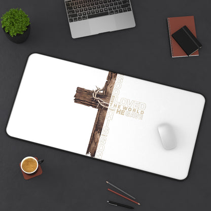 Christian Cross Desk Mat – "God Loved the World He Gave His Son" Inspirational Office Mat
