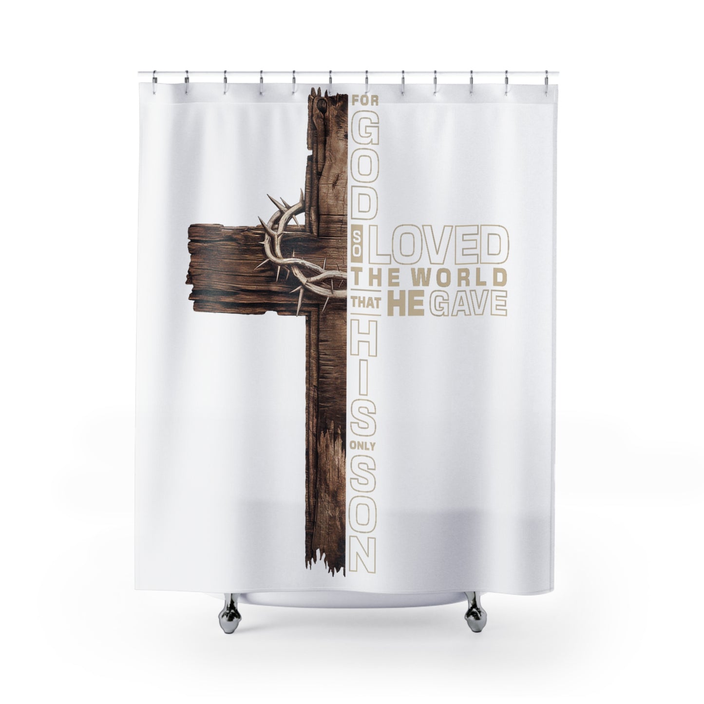 Christian Cross Shower Curtain — "For God So Loved the World He Gave His Son" Inspirational Bathroom Decor