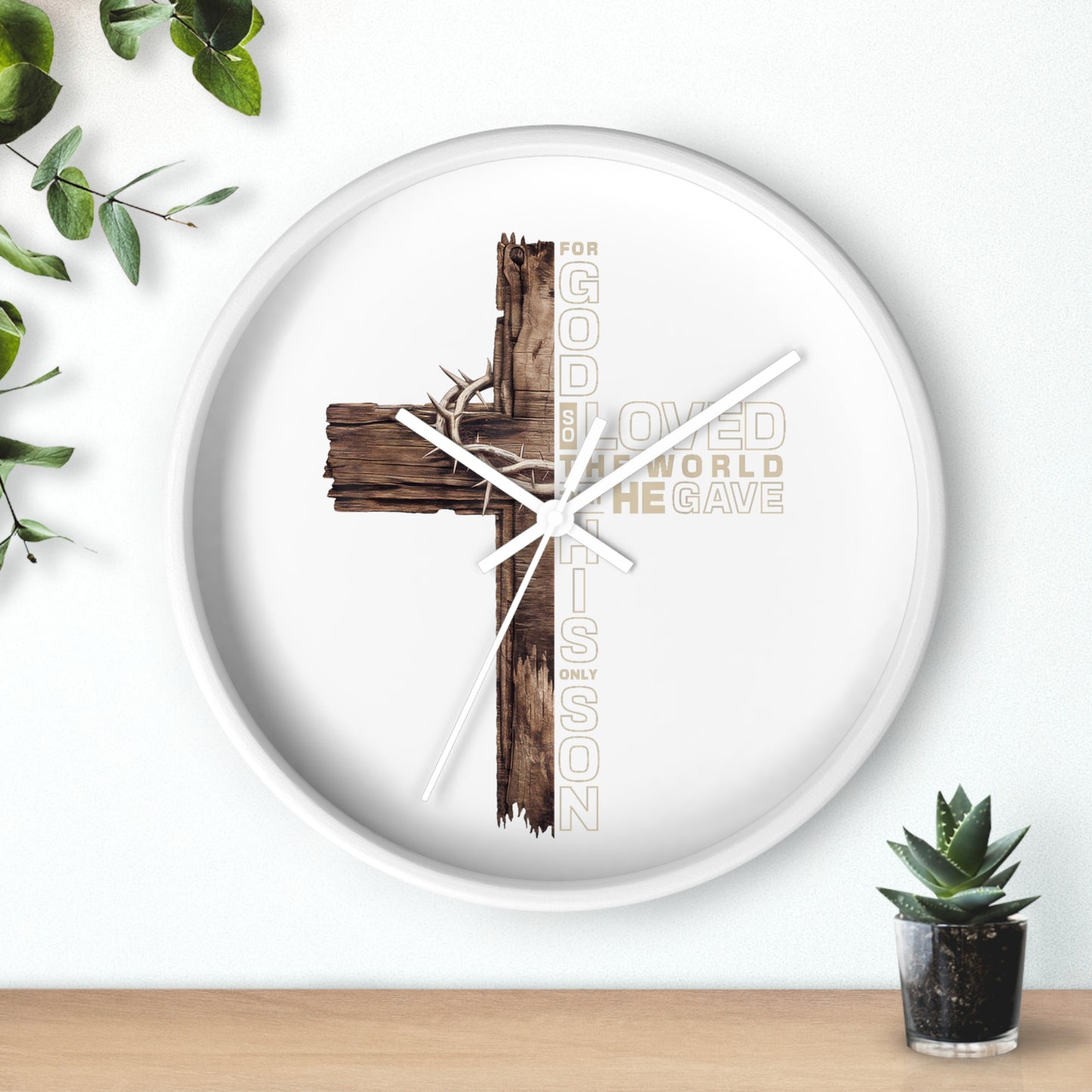 Wooden Cross Wall Clock — "For God So Loved the World He Gave His Son" Christian Home Decor