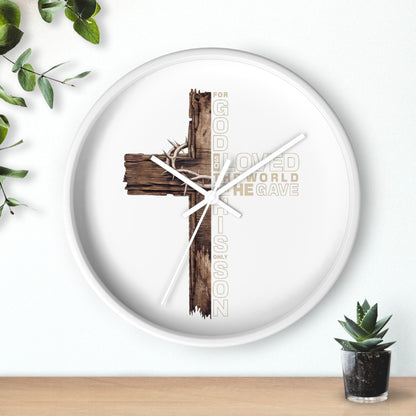 Wooden Cross Wall Clock — "For God So Loved the World He Gave His Son" Christian Home Decor