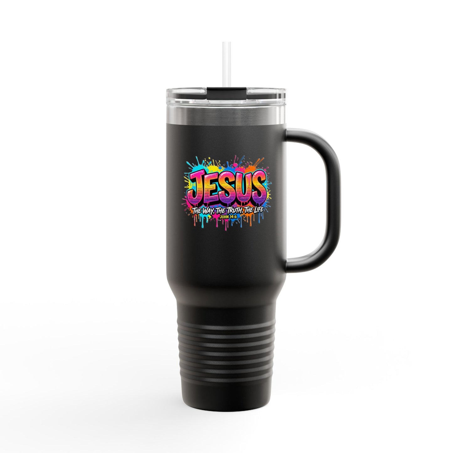 40oz Insulated Travel Mug — Colorful 'JESUS' Graffiti Design, Spill‑Resistant Tumbler for Christian Gifts