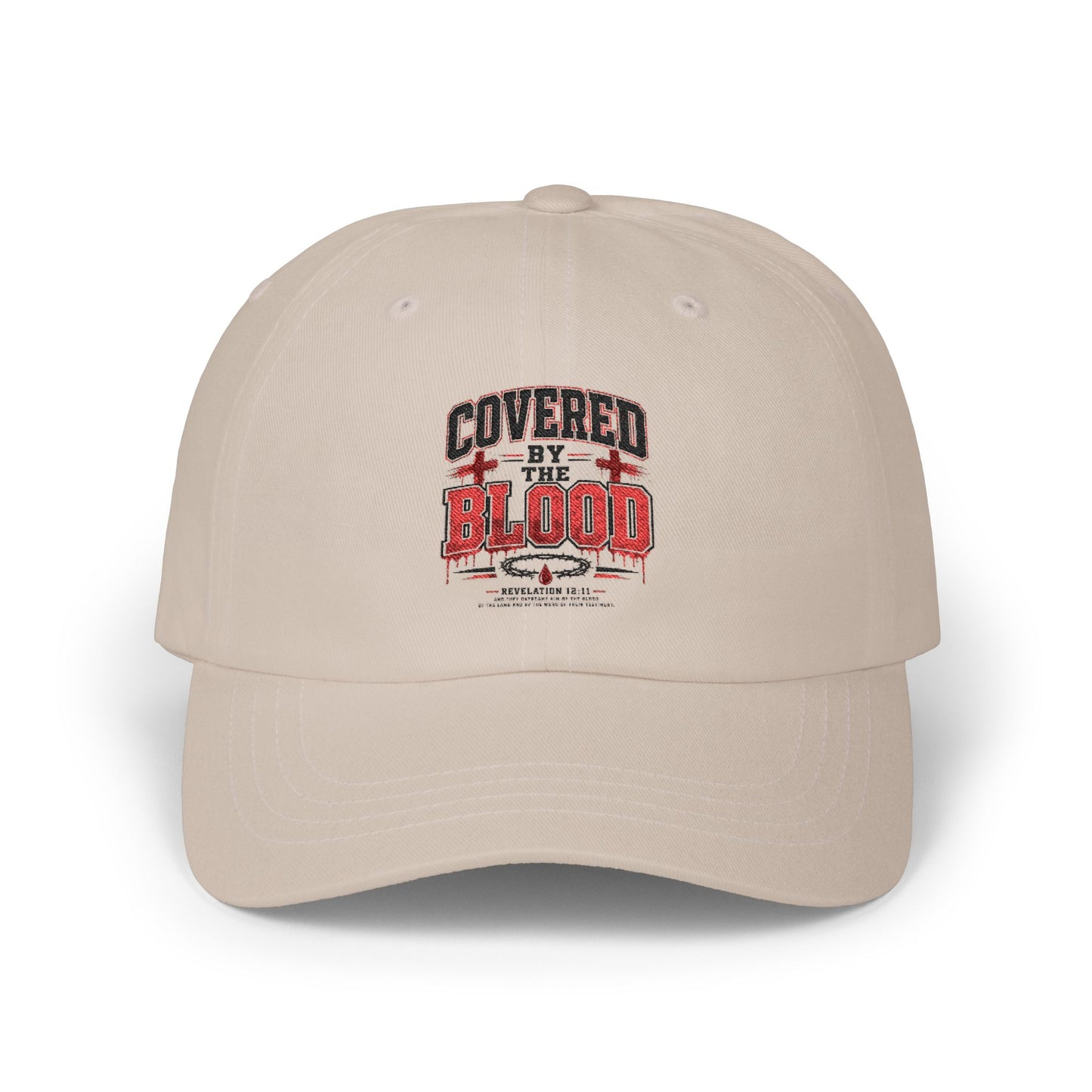 Dad Cap — "Covered by the Blood" Embroidered Christian Baseball Hat