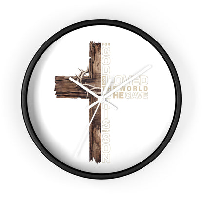 Wooden Cross Wall Clock — "For God So Loved the World He Gave His Son" Christian Home Decor