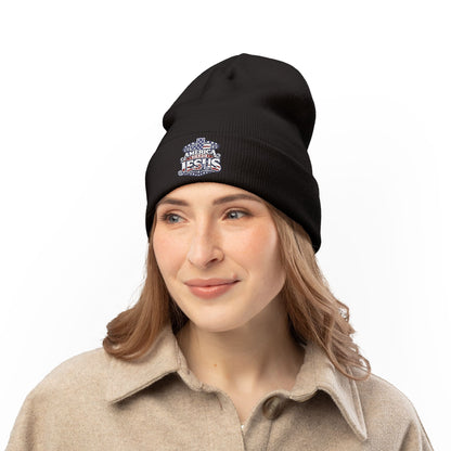 Embroidered "America Loves Jesus" Knit Beanie — Patriotic Christian Winter Hat