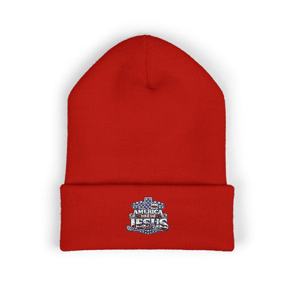 Embroidered 'Jesus' Crown Cuffed Beanie — Christian Faith Winter Hat